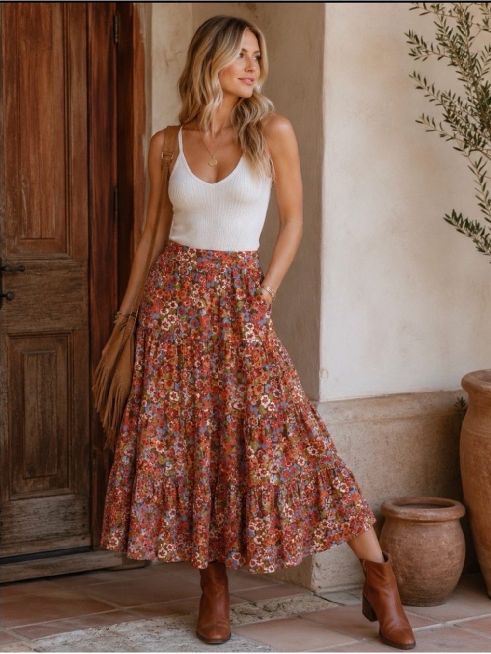 House of Harlow 1960 Floral Tiered Maxi Skirt XS 100% Cotton Boho Cottagecore